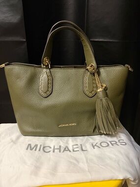 MICHAEL KORS Olive Pebbled Leather Tote with Tassel